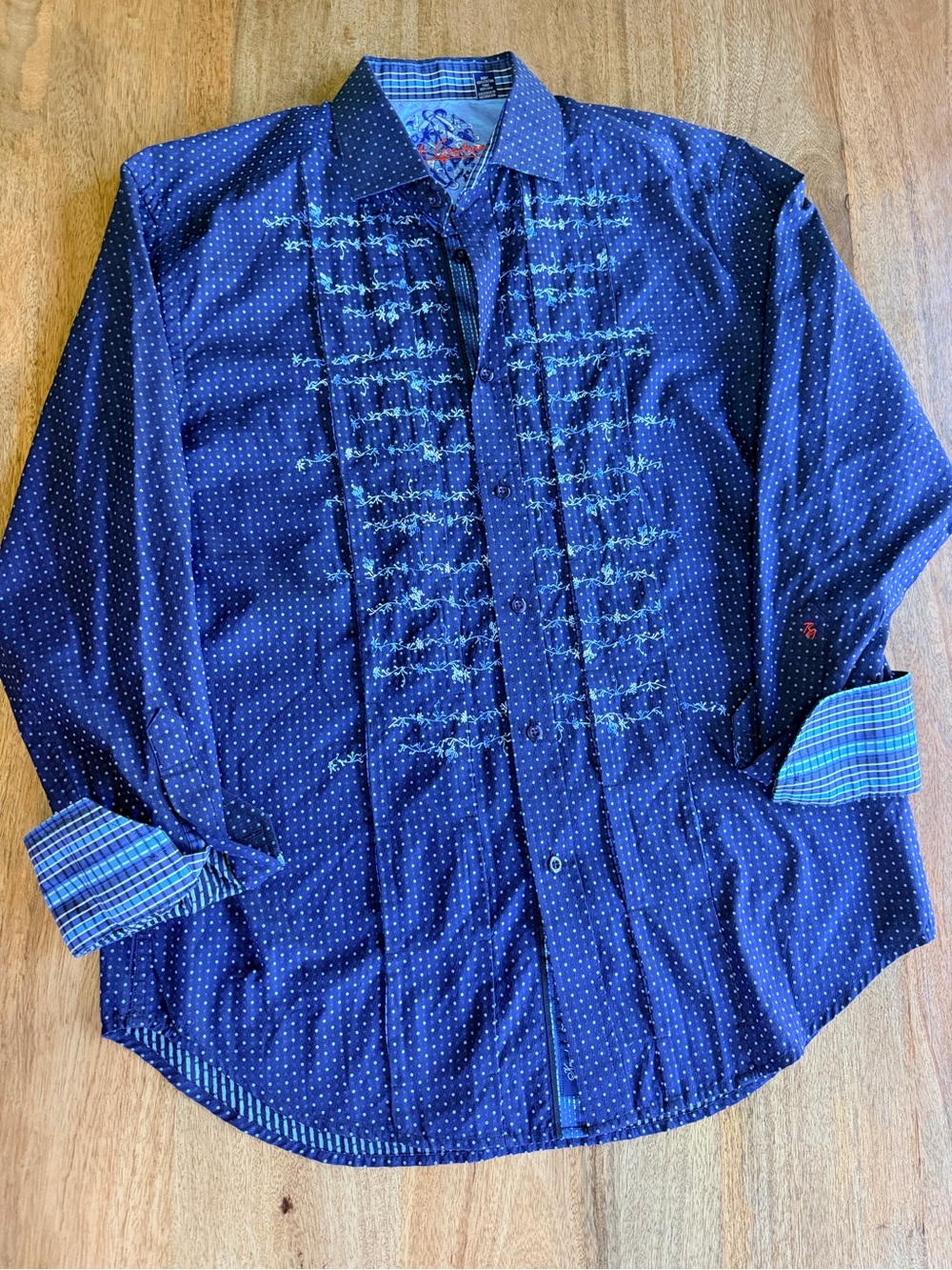 Robert Graham Navy Blue Polka Dot Button-Down with Aqua Embroidery